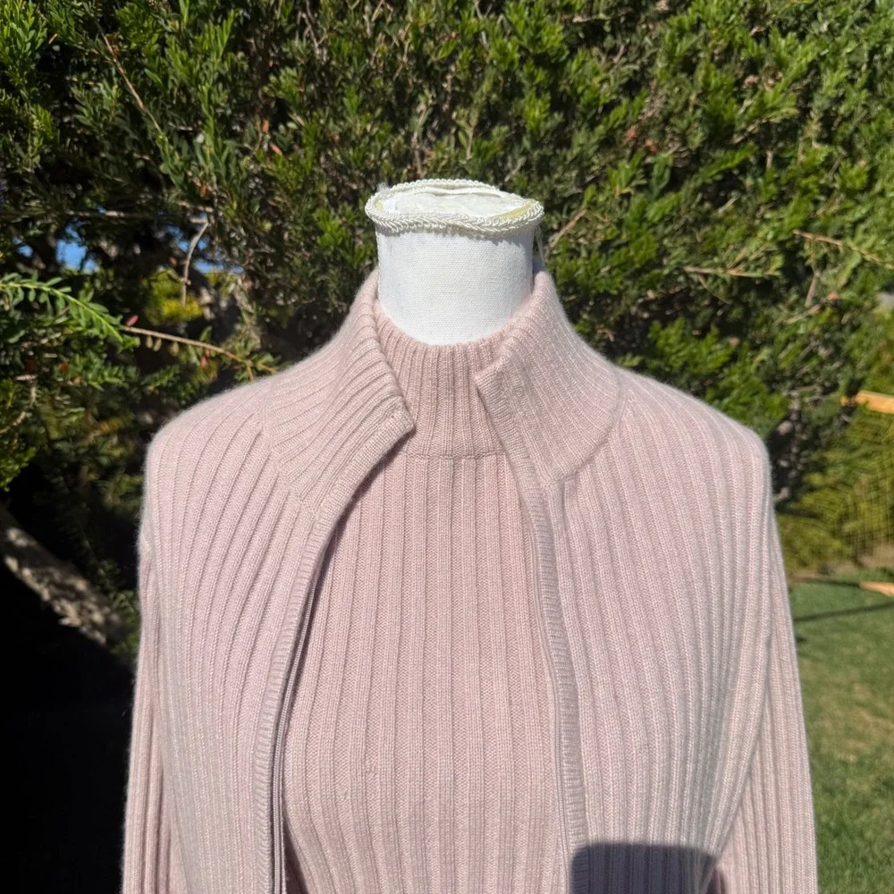 Carlisle Womens 100% Cashmere Ribbed Twin Set Pink Cardigan Shell Mock Neck M
